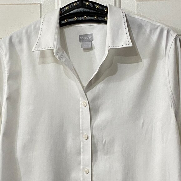 Chicos No Iron Sz 3 (XL) Women's White Blouse Shirt Long Sleeve Black Stitching - Picture 2 of 9